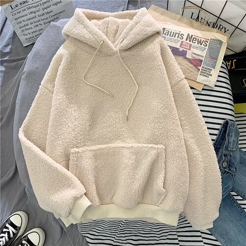 Sheep Lamb Wool Sweatshirt Women's Korean Style Trendy Student Loose BF Style Autumn Winter Fleece Thick Hooded Sweatshirt Top Outerwear
