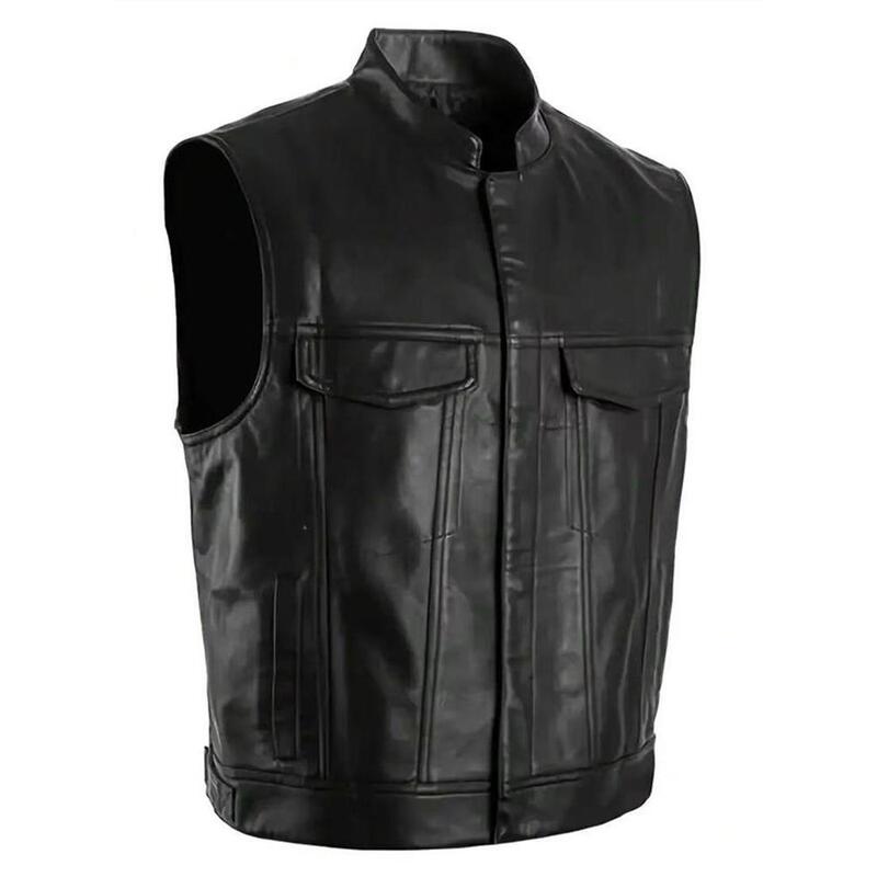 Cross-Border Wish Men's Pure Color Pu Vest Pure Color Leather Vest Motorcycle Hip-Hop Leather Vest Autumn and Winter Men's Vest