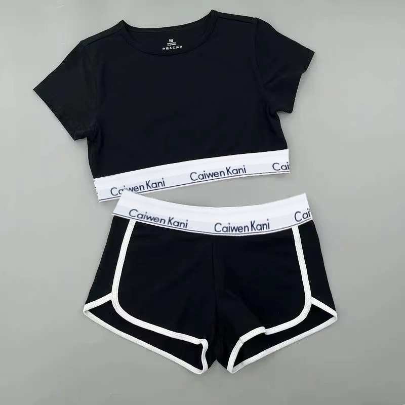 Short-sleeved women's cotton short front shoulder top c? Ck ν sexy slim T-shirt student sports suit vest sexy