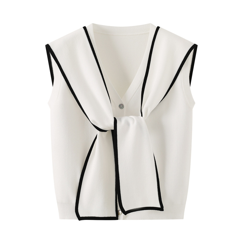 2026 Summer New Style Navy Collar Sleeveless Knit Top White Elegant Slim-Fit Short Top for Women