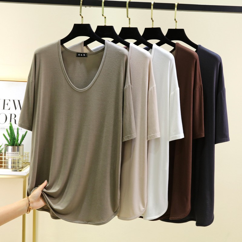 Modal Short-Sleeved T-Shirt for Women, New Summer Style, Thin, Stylish, Slit Bottoming Shirt, U-Neck, Loose, Large Size, Casual