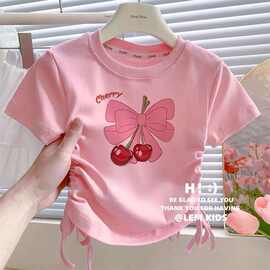 女童冰丝短袖t恤中大童春夏季新款抽绳半袖女孩甜美可爱洋气上衣T