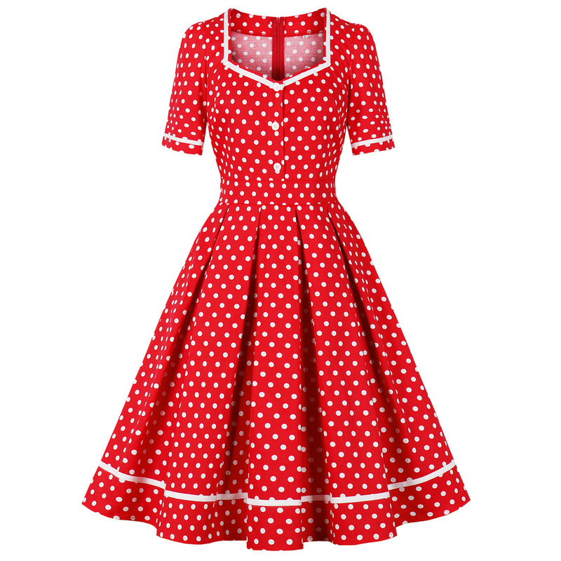 European and American Cross-Border Women's Clothing Hot Sale Hepburn Style Square Collar Retro Polka Dot Dress Hong Kong Style Waist Dress 9081
