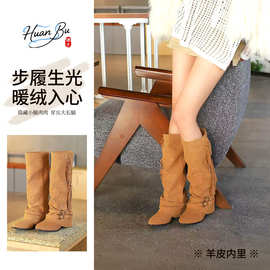 欧美跨境女靴侧边流苏长筒靴皮靴女靴复古小众气质骑士靴厂家批发