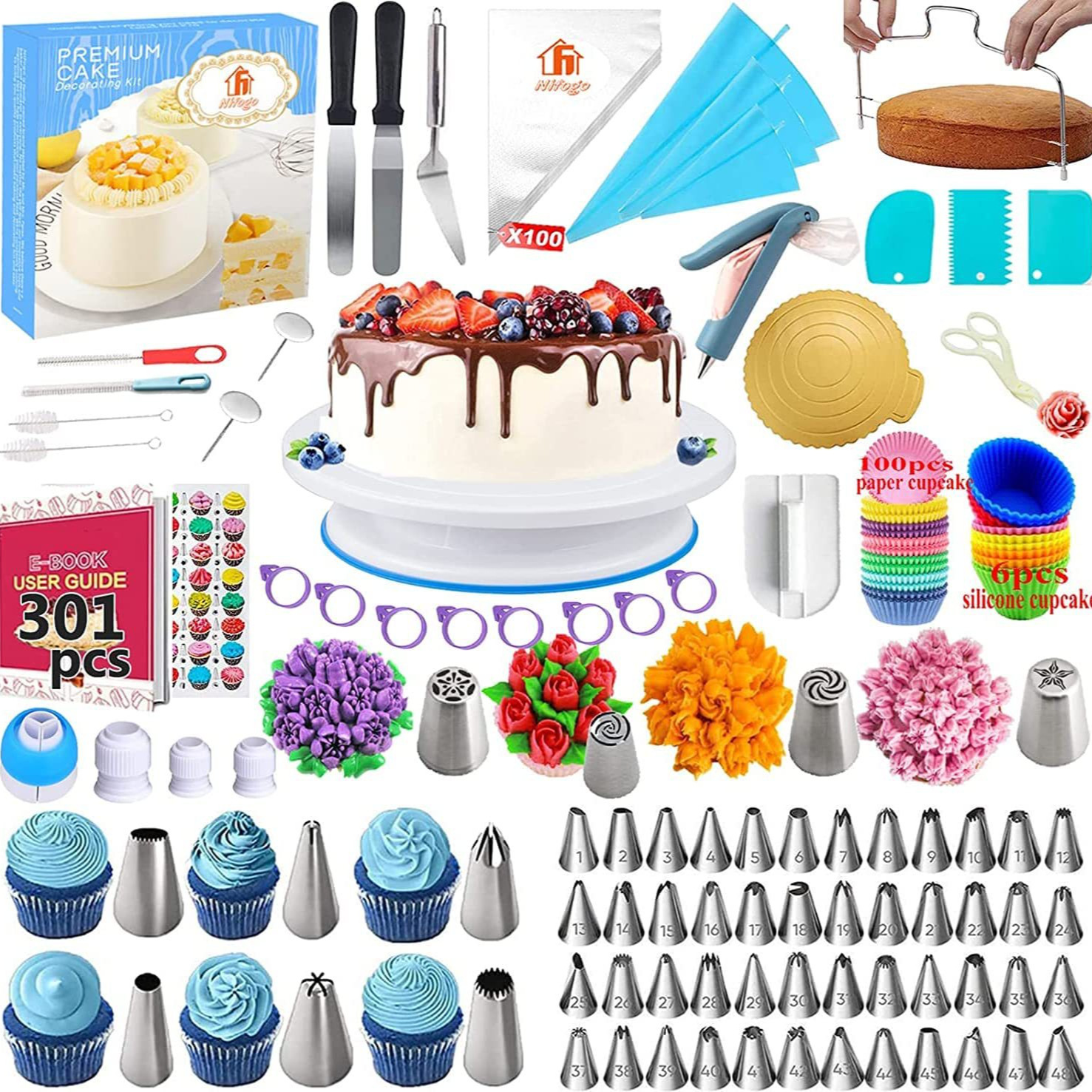 Amazon Venta caliente 301 piezas pastel hornear traje decoración de la torta boca decoración bolsa con torta giratoria