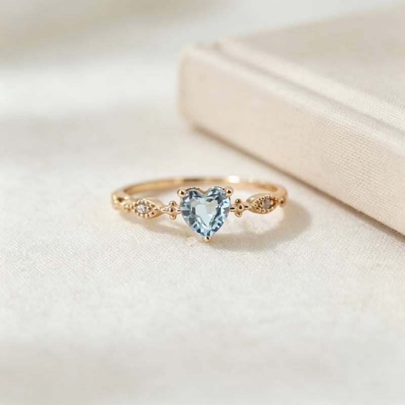 Sparkling sky blue heart-shaped ring for girls, light luxury niche design with an ins-style elegant and delicate adjustable band