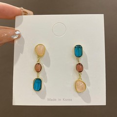 非対称カラージェムストーンイヤリングシルバー針中古コントラストイヤリングニッチデザインハイエンドユニークなタッセルイヤリング