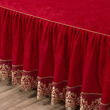 欧式保暖婚庆大红色床裙单件水晶绒蕾丝花边裙式床罩加绒毛绒床套