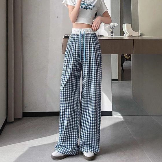 Pink Plaid Loose Casual Pants Summer Thin Lazy Style All-match Mopping Pants High Waist Dumping Contrast Color Straight Pants
