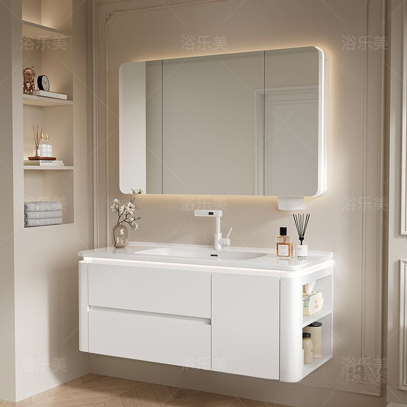 [Delicate Skin Feel] Oak Bathroom Cabinet Ceramic Integrated Basin Cream Style Bathroom Hand Wash Basin Cabinet Combination