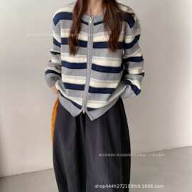 韩版2025秋冬新款复古条纹针织开衫女拼色单排扣长袖羊毛毛衣外套