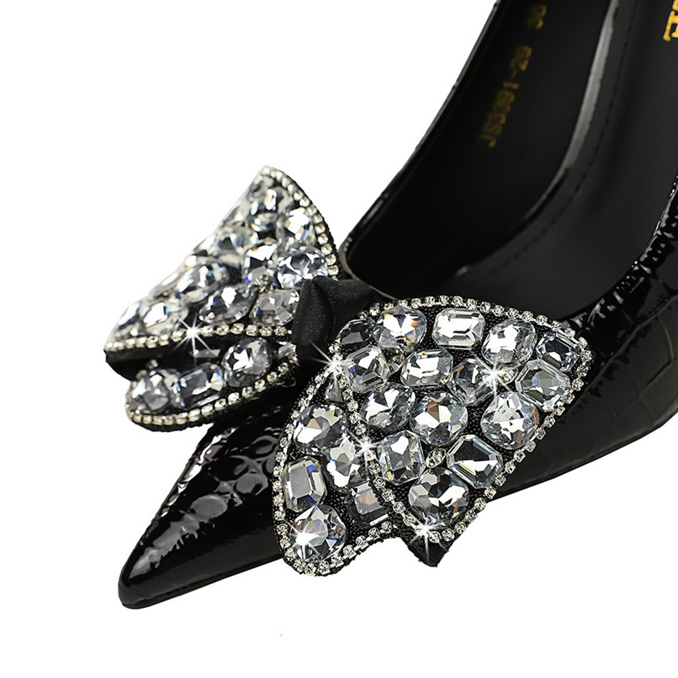 Stiletto stone patent leather shallow cut pointe rhinestone bow single heels_voghion.com