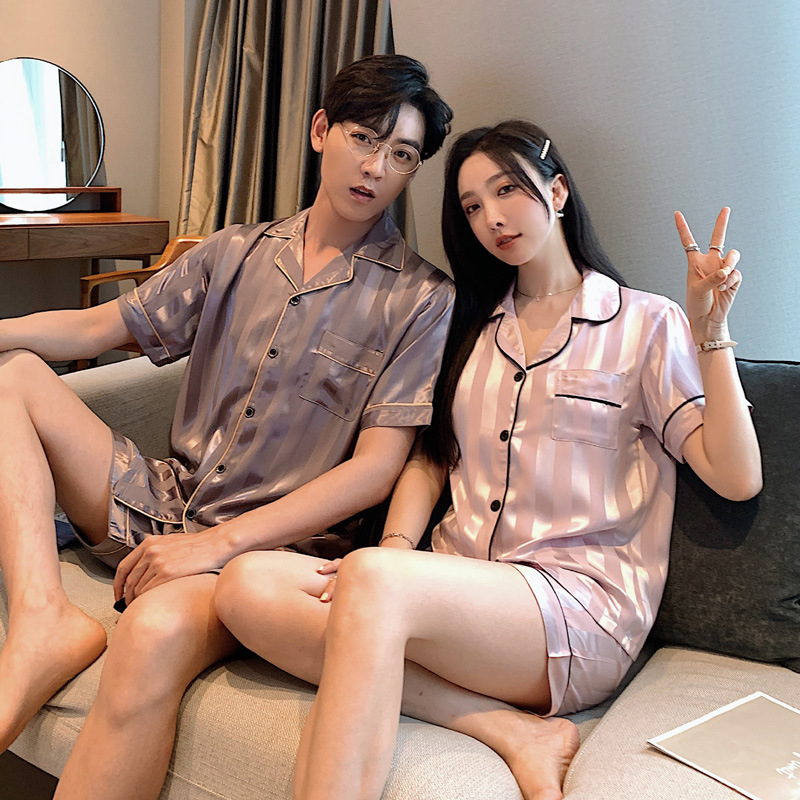 Pijamas de mujer de verano de seda de hielo de manga corta delgada de seda real de alto grado pata de gallo desgaste del hogar traje de hombre