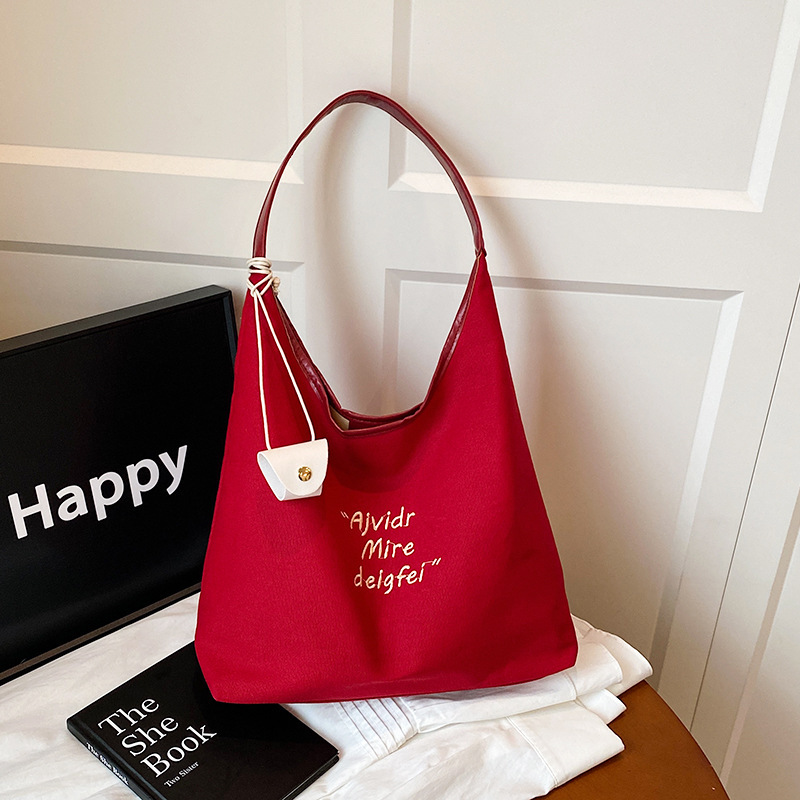 Super Hot Red Large-Capacity Canvas Bag for Women 2025 New Casual Shoulder Armpit Bag Versatile Commuter Tote Bag