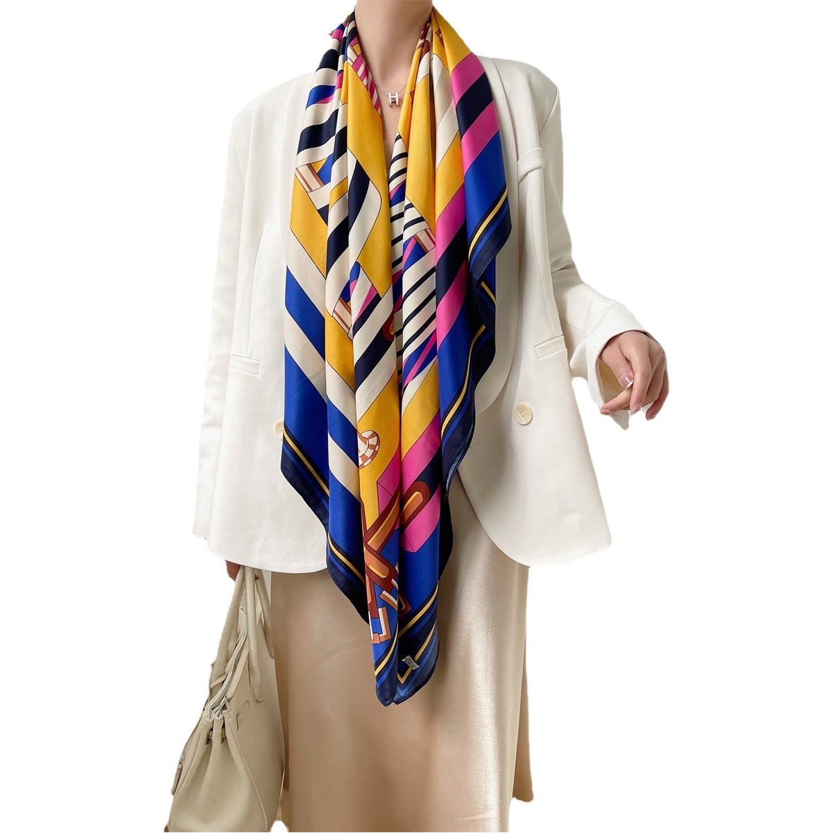 Color strip leather buckle twill imitation silk European and American printing 130 large square scarf scarf scarf shawl foreign trade spot wholesale
