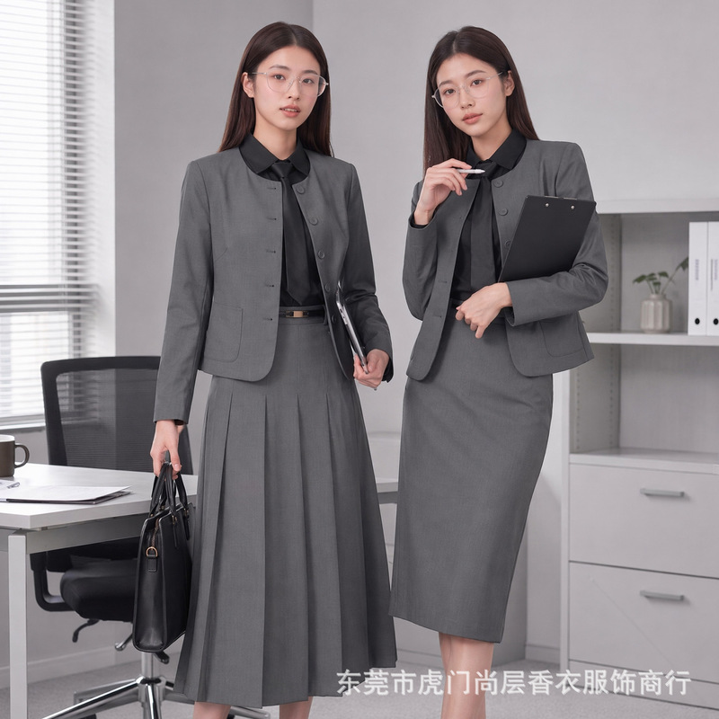 Women's formal workwear suit with single-breasted blazer and high-waisted midi skirt for workplace interviews, kindergarten teacher, hotel customer service uniforms Women's formal workwear suit with single-breasted blazer and high-waisted midi skirt for workplace interviews, kindergarten teacher, hotel customer service uniforms
