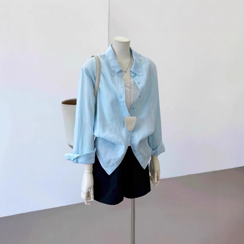 Lazy High-End Loose Slim Linen Blue Sun Protection Shirt Women's Summer Thin Casual Long-Sleeved Jacket Top