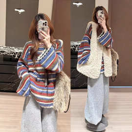 韩国东大门秋季新款小众百搭圆领复古慵懒风条纹撞色设计针织毛衣