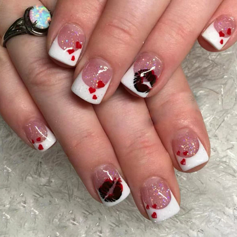 Cross-border Foreign Trade Nail Nail Nail Pieces Simple White French Three Red Hearts Valentine's Day Nail Pieces Short Nail Pieces