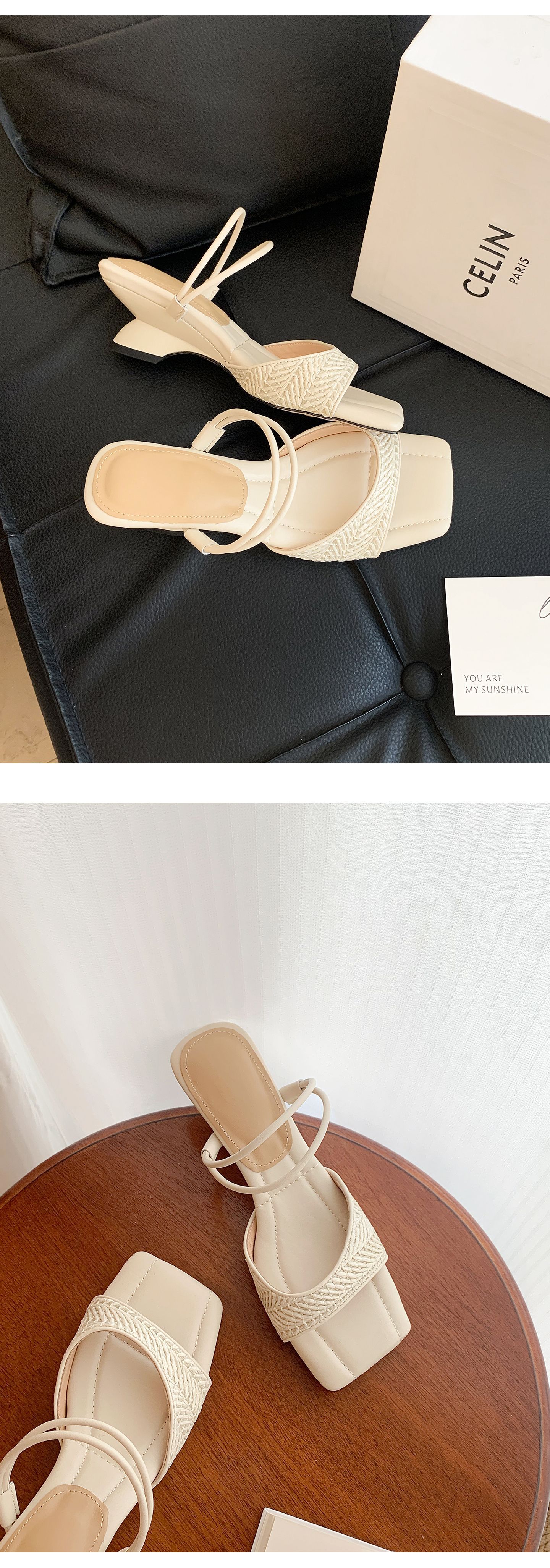 Sandal nữ quai đan mũi hở gót vuông dị hình phong cách nghỉ dưỡng — màu trắng ngà, màu mơ chi tiết 10