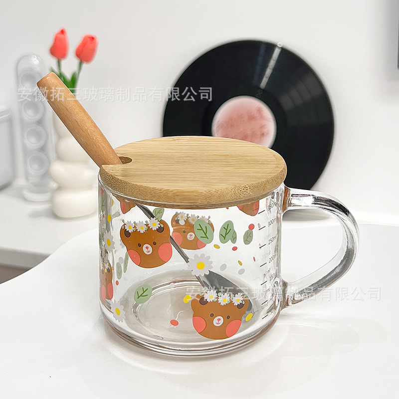Taza de leche con tapa Taza de pajita Calefacción doméstica con cuchara Taza de impresión linda Taza de desayuno INS Taza de avena Estilo ins