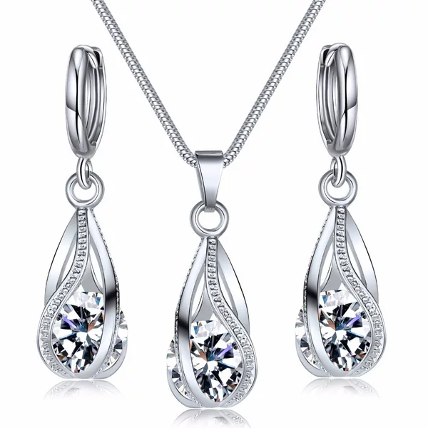 Cross-border hot selling zircon crystal jewelry suit women's European and American retro creative design rotating water drop necklace earrings fashion