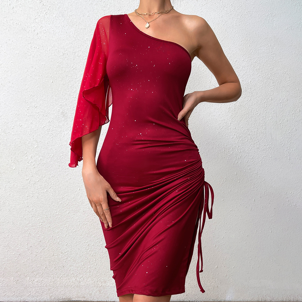 Vestido de verano europeo y americano collar oblicuo Delgado alto elástico apretado cordón vestido fiesta falda