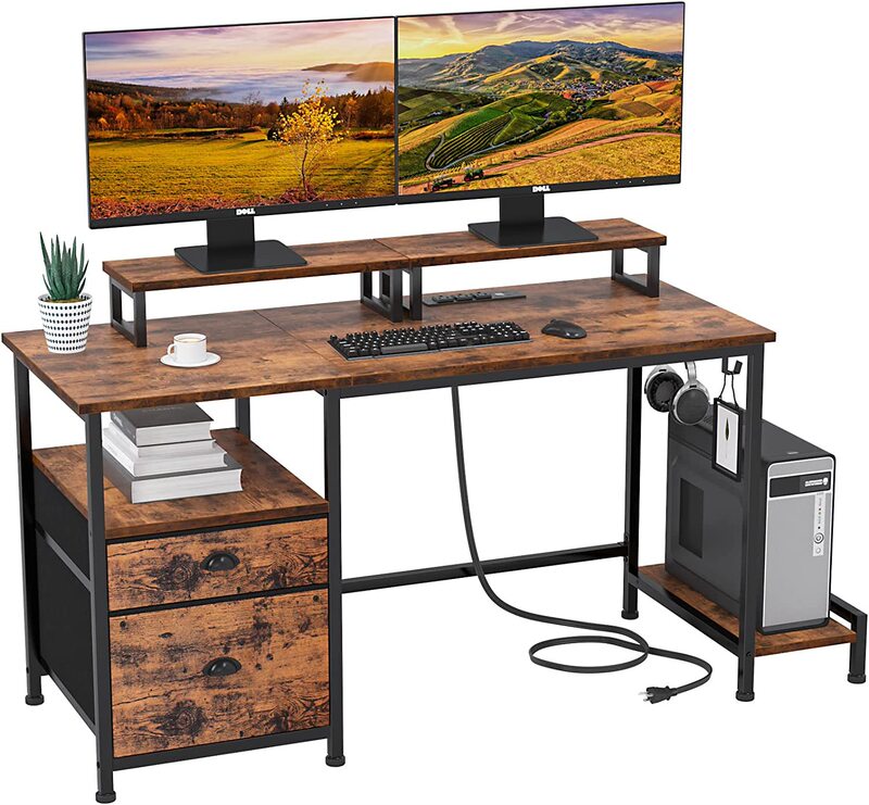 Fabric Drawer Power Supply Office Computer Desk Movable Monitor Stand Desk with Cpu Bracket Hook