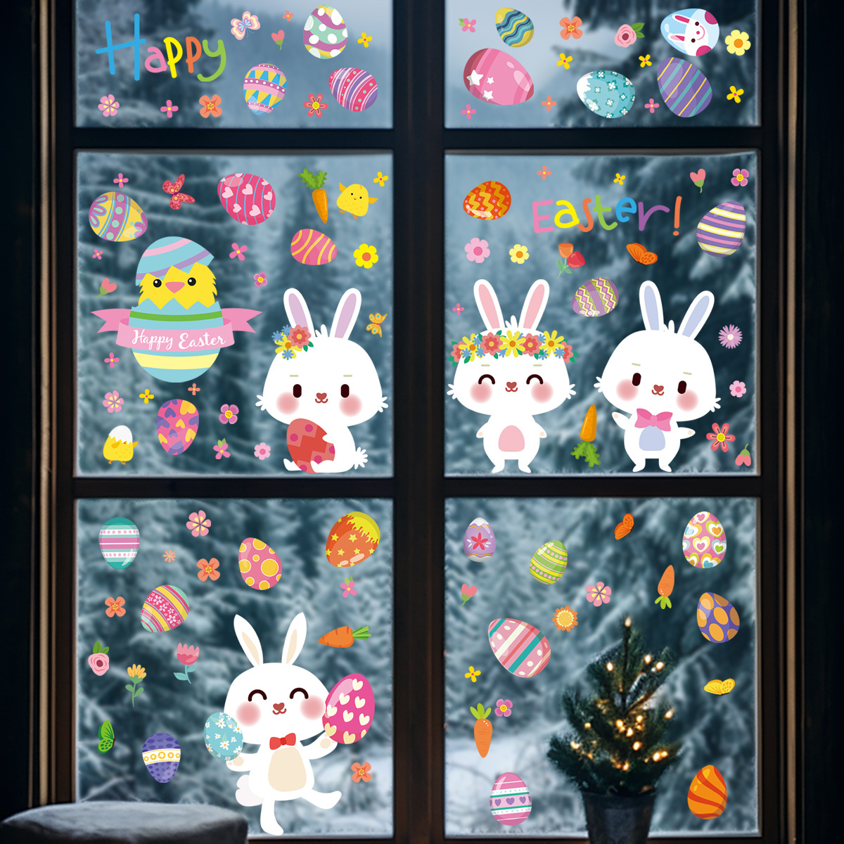 New Shein Easter Rabbit Egg Double-Sided Colorful Window Stickers—No Glue, Static-Electric Glass Film Decals