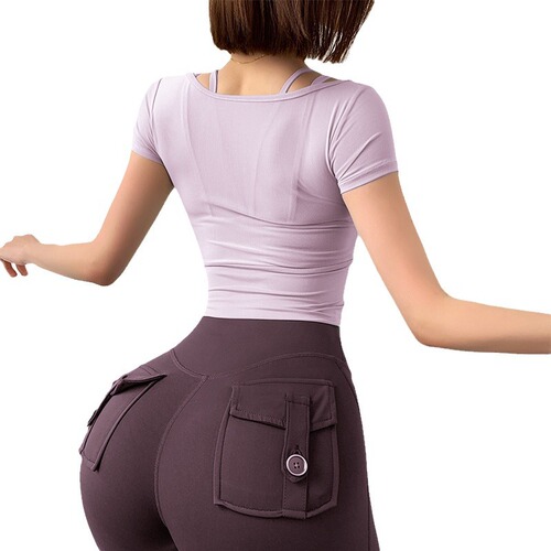 Fake two-piece halterneck sports short-sleeved T-shirt for women, mesh pure lust style fitness clothes with chest pads, yoga clothes