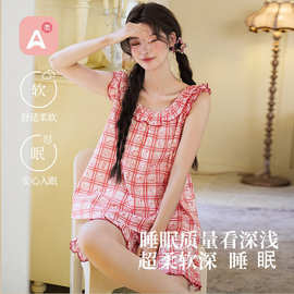 居家吊带短裤睡衣女纯棉居家服套装夏季薄款棉纱透气家居服可外穿