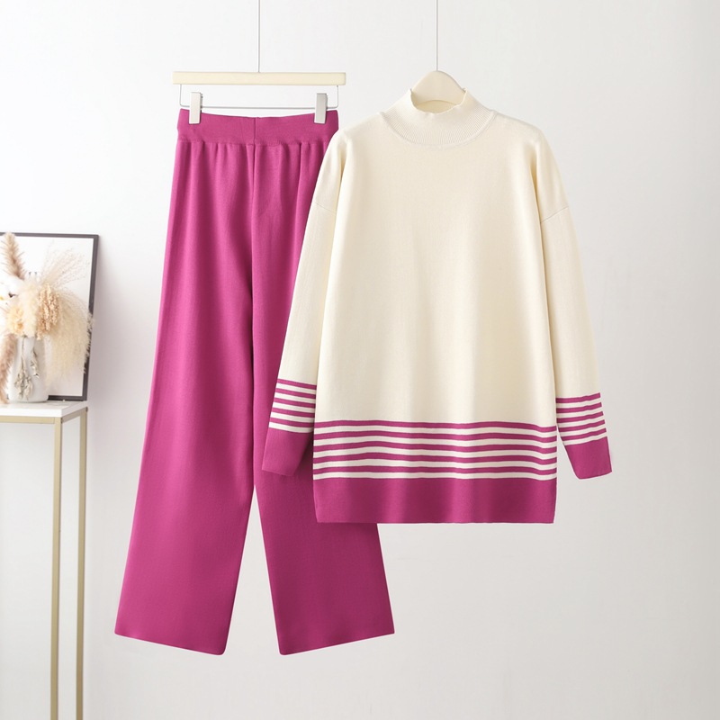 Abbigliamento da donna nuovo abito casual alla moda alla moda che riduce l'età top in maglia pantaloni a gamba larga abito in due pezzi_voghion.com