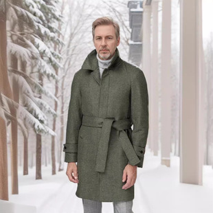 Autumn and Winter Men's Raglan Sleeve Woolen Outwear Fashionable Lapel Mid-Length Woolen Outwear Belt Work Clothing Casual Outwear