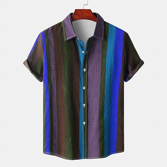 Camisa de manga corta con botones de hombro suelto ancho de moda para hombre con estampado digital 3D a rayas geométricas callejeras personalizadas