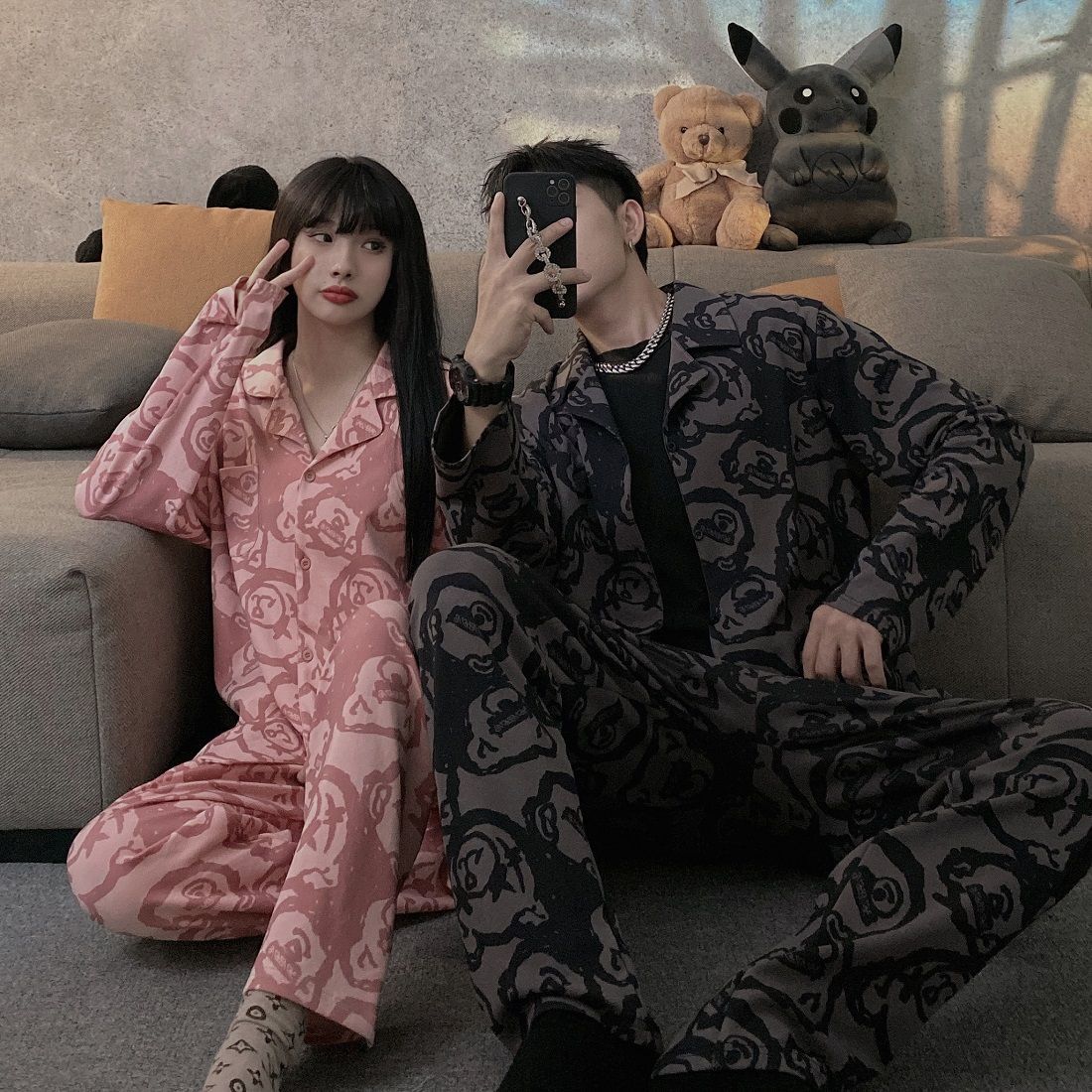 Coreano ins oso pareja pijama mujer primavera y otoño de manga larga seda de hielo delgada hombre imitación de seda ropa para el hogar verano