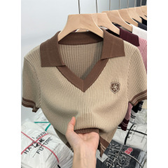独特港味甜辣妹短款领针织衫上衣设计感小众短袖恤女夏