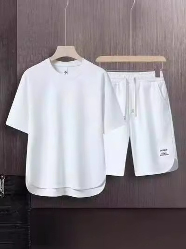 【Seven Color Options】Summer Short Sleeve Set Men's Crew Neck T-Shirt High-End Solid Color Half Sleeve Fashion Open Hem Five-Finger Pants