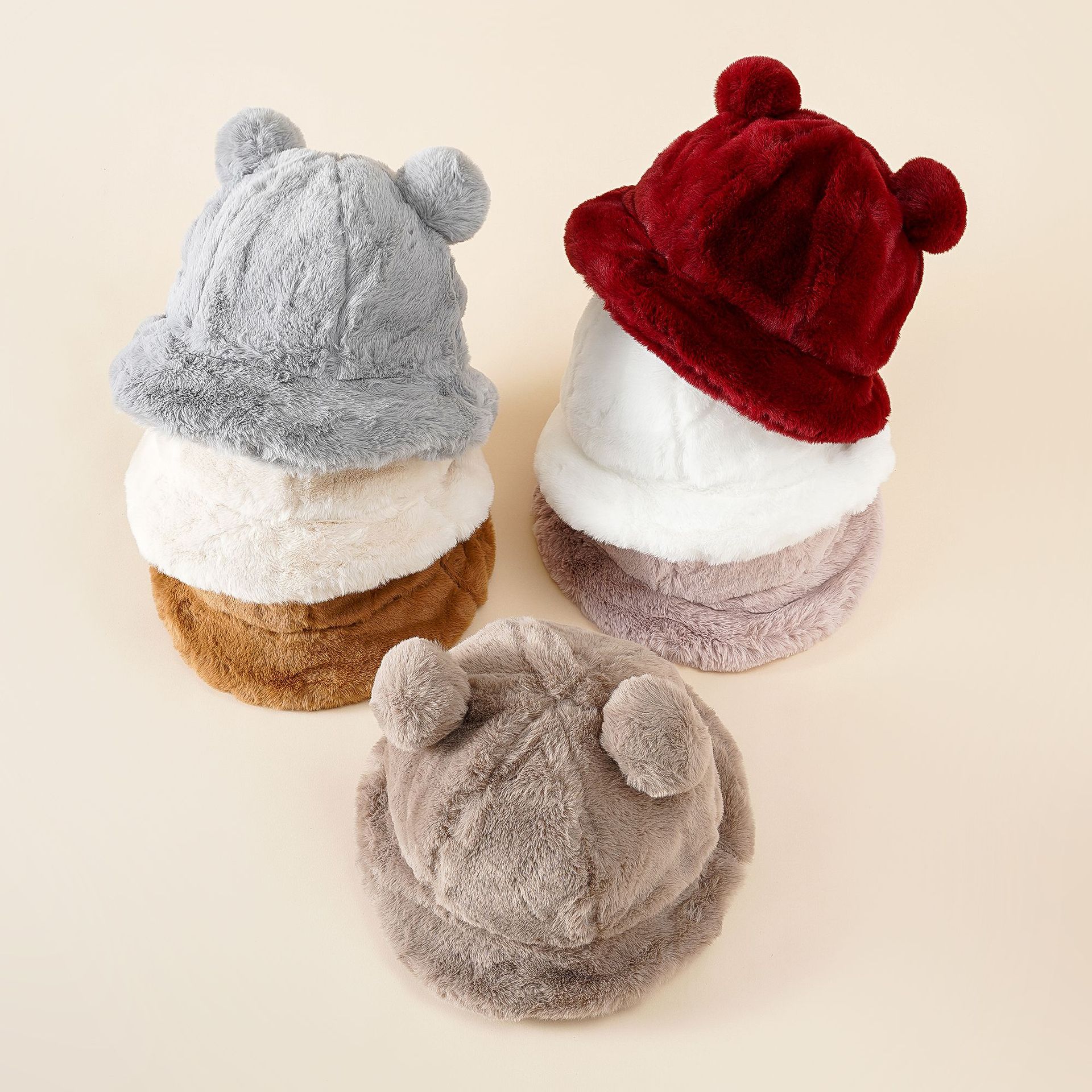 Japonés Otoño e Invierno de color sólido oso orejas bola de peluche pescador sombrero coreano lindo suave cálido grueso polar forrado sombrero de la cuenca