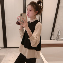 2025秋装孕妇哺乳装新款撞色假两件辣妈外出时尚显瘦喂奶套装