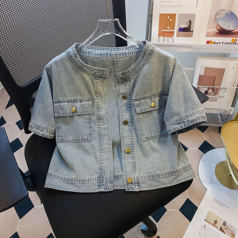 French-Style Retro Round-Neck Denim Jacket for Women, Short Version, 2026 Summer Thin Loose-Fitting Elegant Short-Sleeve Jacket Top Trendy