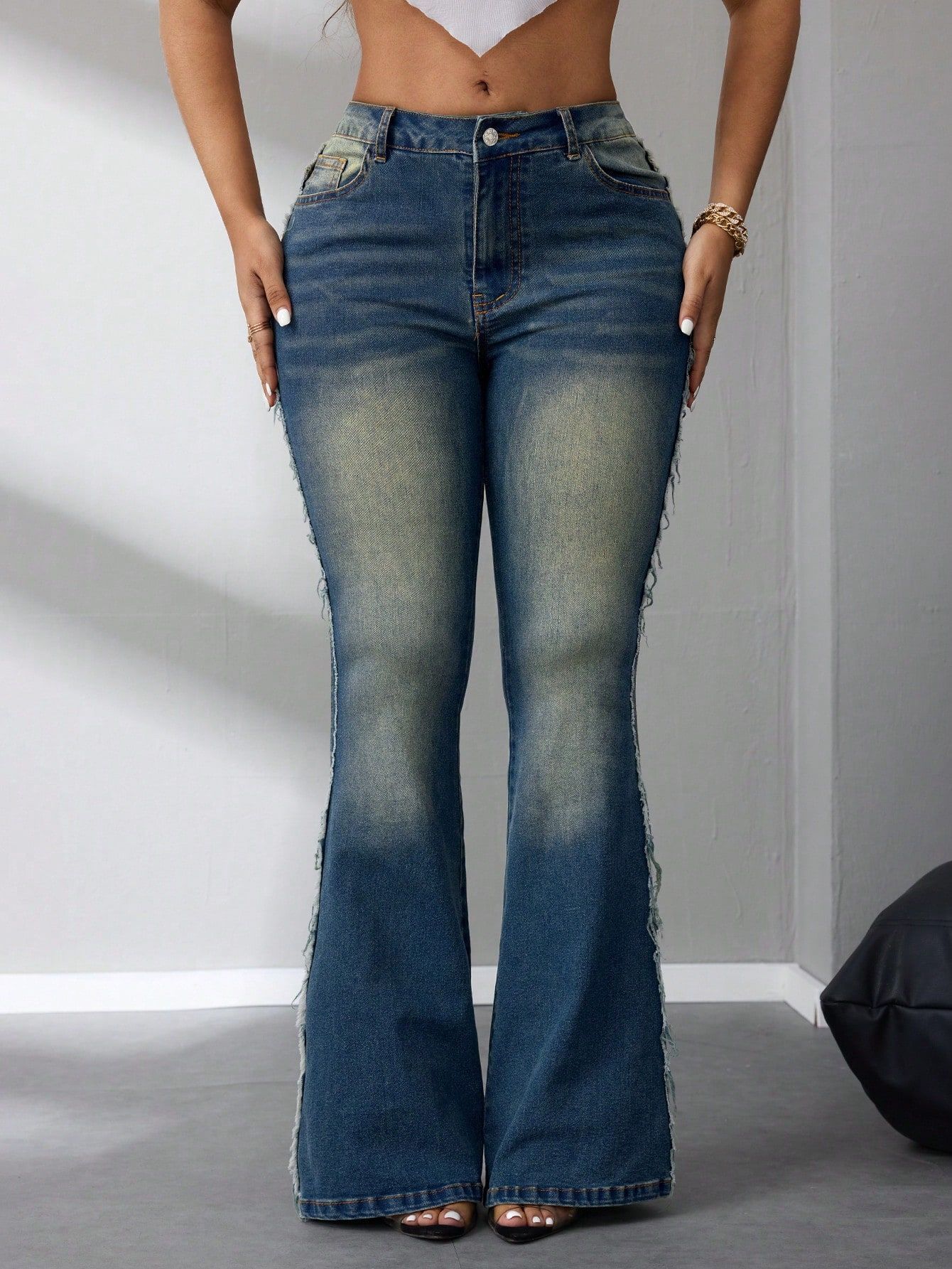 Polyester, Denim Cotton Fabric Type Mid Waist Waist Line Women's Daily Street Streetwear Solid Color Flared Pants Jeans