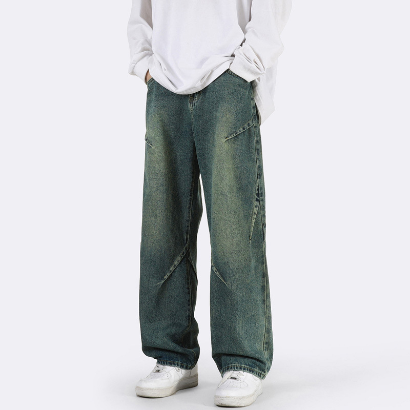 Retro azul pierna ancha pantalones vaqueros de los hombres sueltos rectos 2023 nueva American High Street pantalones otoño trajes