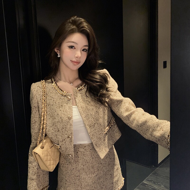亮片精致小香风套装女小个子新款轻奢气质粗花呢外套半身裙两件套|undefined