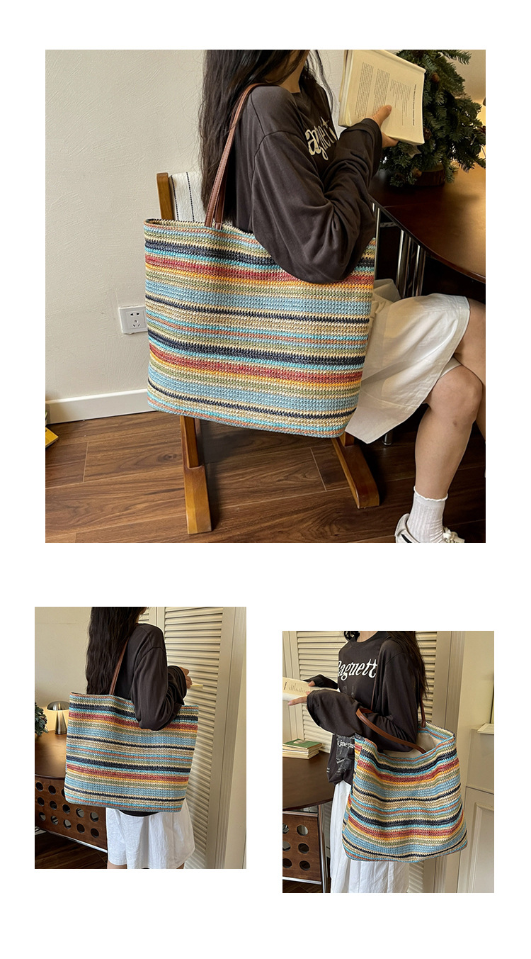 Women's Large Woven Tote Bag Shoulder Bag With Contrast Texture_voghion.com