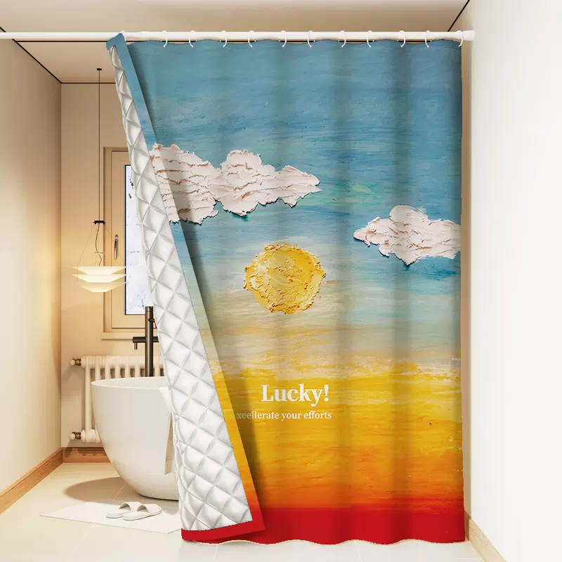 免打孔保暖隔热专利浴帘ins油画印花加厚夹棉浴室隔断帘亚马逊FBA