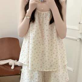 韩国ins女士夏季新款韩版睡衣女韩系温柔小碎花吊带套装家居服女