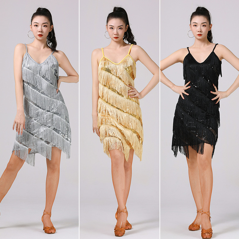 Sling Sequins Tassel Dress V-Neck dress Latin Dance Dress Dance Performance Dress Stage Performance Competition Dress