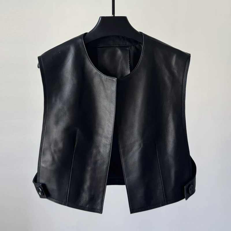 Brown leather vest for women, short style, round neck, Korean style, artistic and casual, loose-fitting, niche outerwear, trendy Brown leather vest for women, short style, round neck, Korean style, artistic and casual, loose-fitting, niche outerwear, trendy