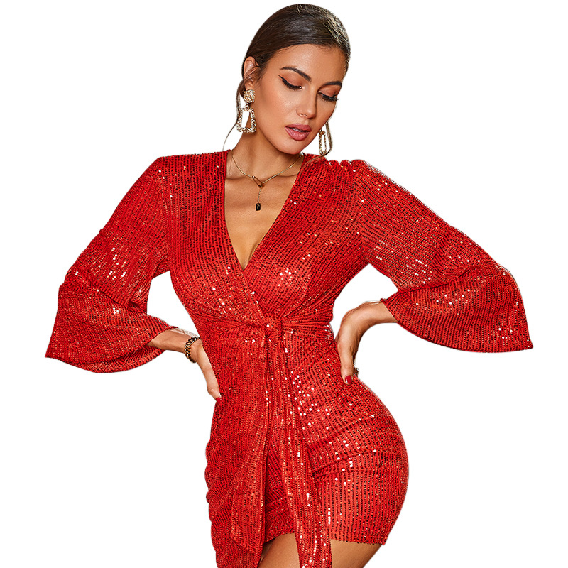 跨境独立站欧美女装珠片连衣裙气质收腰性感短裙系带V领七分袖