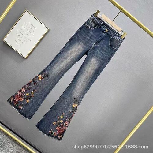 Embroidered denim flared pants for women, 2024 winter new arrival—high-waisted, slim-fit, figure-flattering, ethnic-style, intricately crafted, fleece-lined long pants.